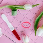 Pregnancy test on pink calendar with tulips, symbolizing fertility and new beginnings.